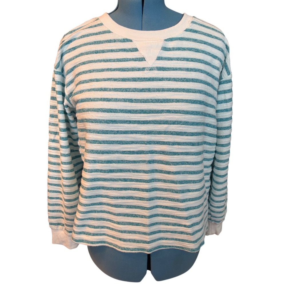 Christopher & Banks Womens XL Teal White Striped French Terry SweatshirtPullover